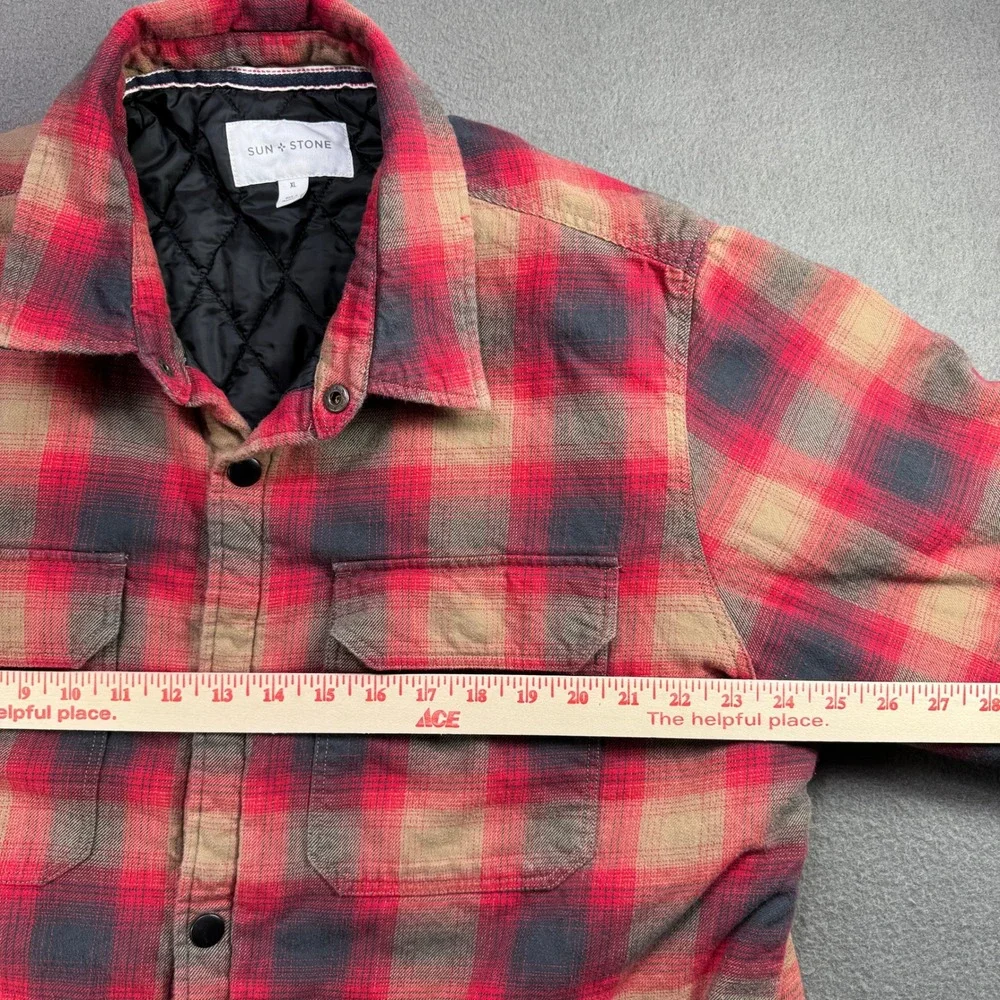 Sun Stone Flannel Shirt Jacket Mens XL Red Plaid Quilted Lining Elbow Patches